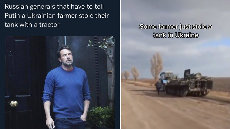 Ukrainian tractor pulling a tank